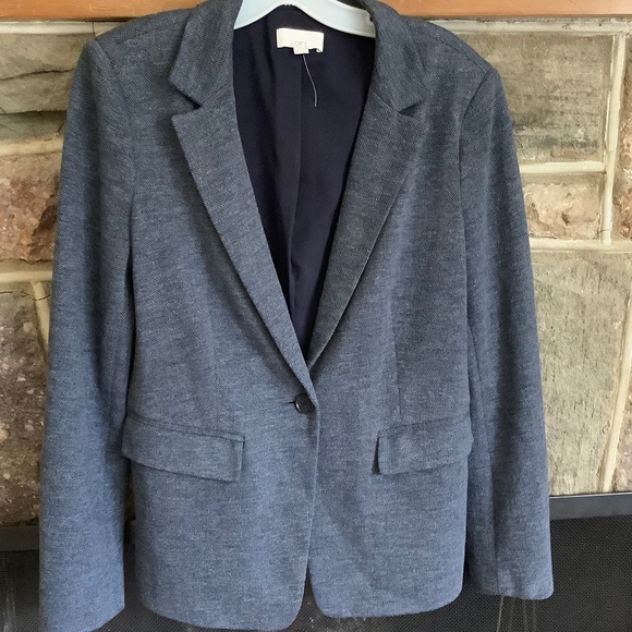 LOFT Navy Blue Herringbone Knit Blue Elbow Patch Blazer SZ 8 - Picture 1 of 15